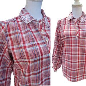 Vintage Land & Sea Red Plaid Long Sleeve Blouse Twee Academia Fall Embrodiered